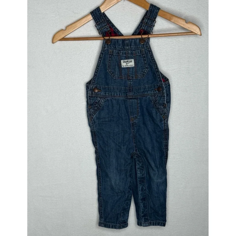 OshKosh B'Gosh 18M Plaid Lined Denim Bib Overalls Toddler Classic Carpenter EUC